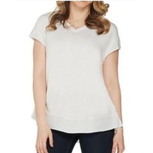 Halston Extended Shoulder V-Neck  white Top Side Slits Tee XS New A303178